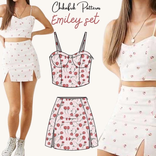 Molde de Costura de Top Bustier e Saia com Fenda: Conjunto Emiley (XXS-XXL) (Molde em PDF)