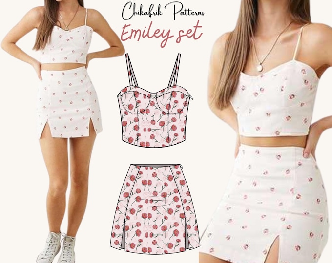 Bustier pattern + slit skirt pattern|7 sizes XXS - XXL| 2 digital sewing patterns|Women PDF sewing pattern
