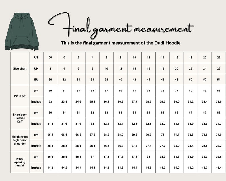 May include: A size chart for a hoodie with measurements in inches and centimeters. The chart shows the size in US, UK, and EU sizes, as well as the corresponding measurements for pit to pit, shoulder plus sleeve plus cuff, height from high point shoulder, and hood opening length.