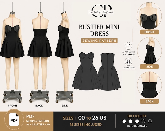 Bustier Mini Dress Sewing Pattern, Strapless Fit Flare, Corset Party Dress (PDF Download)