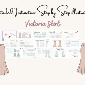 May include: A digital sewing pattern for a Victoria skirt. The pattern includes detailed instructions and illustrations. The skirt is a long, flowing style with a fitted waist and a flared hem.