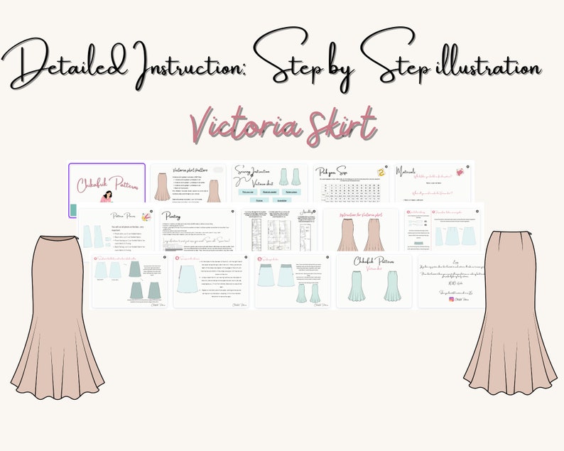 May include: A digital sewing pattern for a Victoria skirt. The pattern includes detailed instructions and illustrations. The skirt is a long, flowing style with a fitted waist and a flared hem.