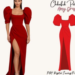 May include: A red formal dress with a square neckline, short sleeves, and a high slit. The dress features a fitted bodice and a flowing skirt. The image also includes a digital sewing pattern with the text "Chikafrik Patterns Amy Dress" and "PDF Digital Sewing Patterns."