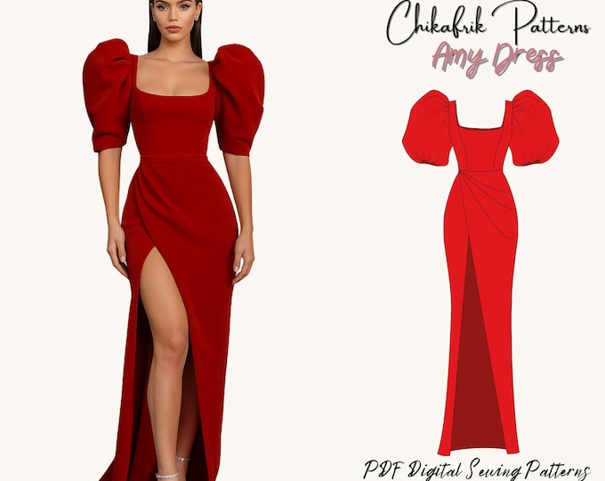 Puffy Sleeve Slit Dress Sewing Pattern: Fitted Bodice Gown (PDF Download)