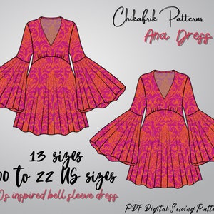 Patron de robe AnaMini robe fourreau à manches cloche d'inspiration années 70Patron de mini robePatron de couture de robe pour femmePatron PDF taille 15 image 9