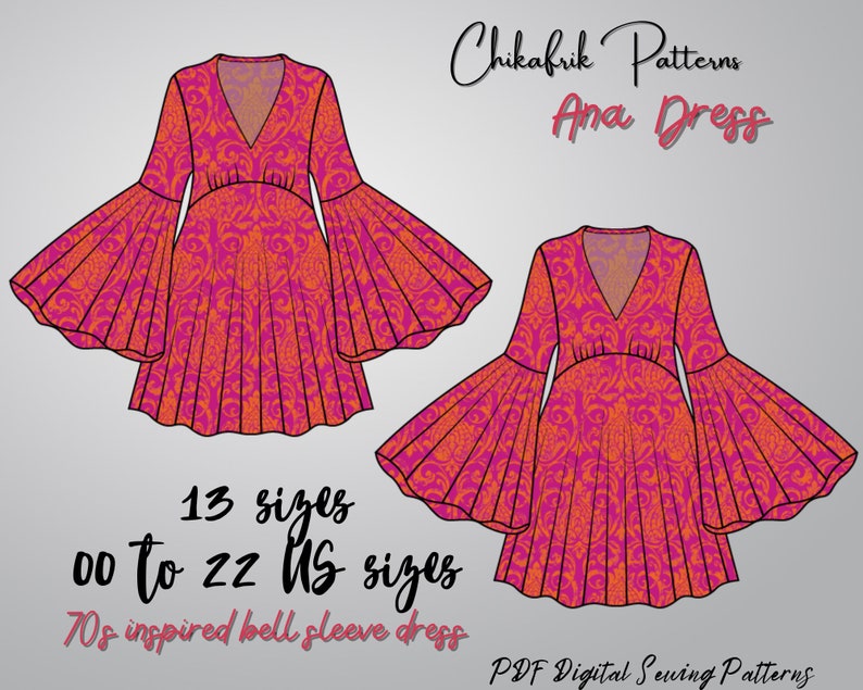 Patron de robe AnaMini robe fourreau à manches cloche d'inspiration années 70Patron de mini robePatron de couture de robe pour femmePatron PDF taille 15 image 9