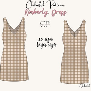 May include: Illustration of a sleeveless dress with a V-neck and a plaid pattern in shades of brown and cream. The text "Chikafrik Patterns Kimberly Dress" is displayed above the dress. Additional text includes "15 sizes" and "Layer sizes".