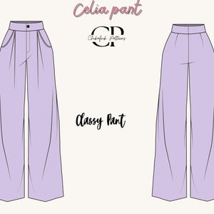 Może przedstawiać: Ilustracja dw&oacute;ch par lawendowych spodni z szerokimi nogawkami. Jedna para ma kieszenie i zakładki, druga ma prosty kr&oacute;j. Tekst "Celia pant" i "Classy Pant" są napisane kursywą. Widoczne jest r&oacute;wnież logo "Chikafrik Patterns".