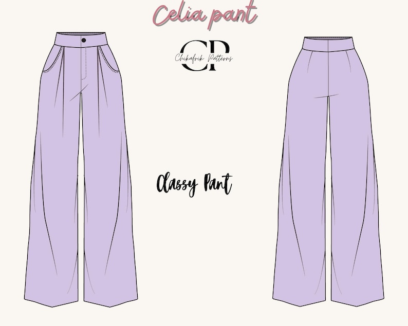 Może przedstawiać: Ilustracja dw&oacute;ch par lawendowych spodni z szerokimi nogawkami. Jedna para ma kieszenie i zakładki, druga ma prosty kr&oacute;j. Tekst "Celia pant" i "Classy Pant" są napisane kursywą. Widoczne jest r&oacute;wnież logo "Chikafrik Patterns".
