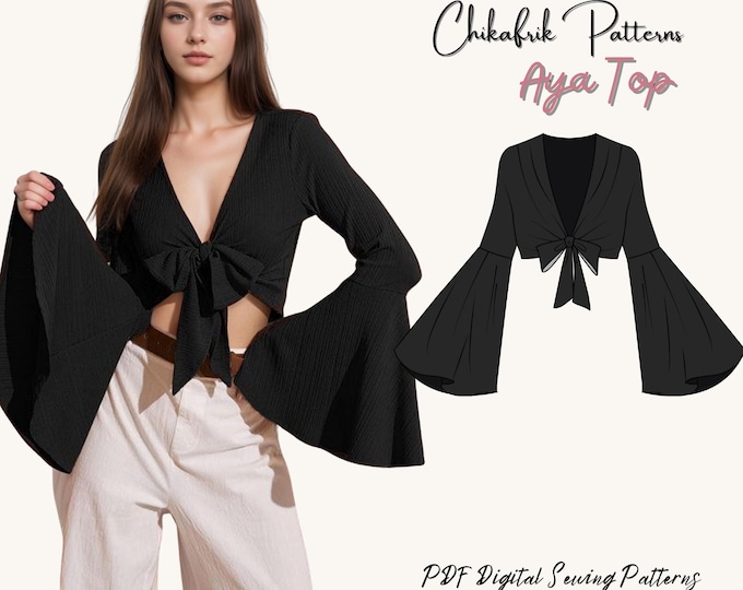 Aya Top pattern|Women Tie in crop top pattern|women sewing pattern|PDF top sewing pattern|Flairy sleeves top pattern|70S top pattern|15sizes