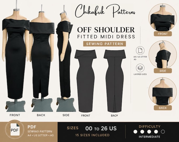 Off Shoulder Fitted Midi Dress Sewing Pattern (PDF), Elegant Bodycon Evening Bardot Sizes 00-26
