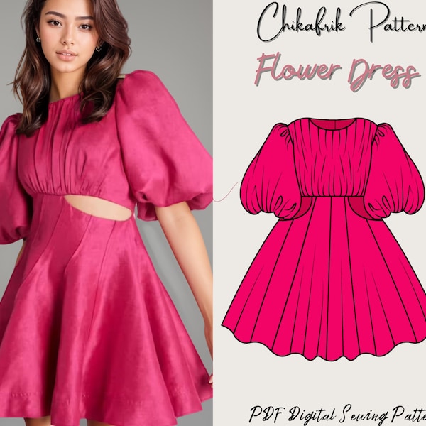 Flower dress|puff sleeve pattern puffy skirt pattern|women dress pattern| pdf sewing pattern|12 sizes| puffy dress pattern