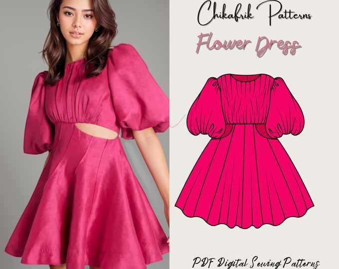 Flower dress|puff sleeve pattern puffy skirt pattern|women dress pattern| pdf sewing pattern|12 sizes| puffy dress pattern
