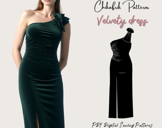 Velvety dress pattern| women velvet stretchy dress|One shoulder maxi dress pattern|PDF dress sewing pattern|15 sizes digital sewing pattern