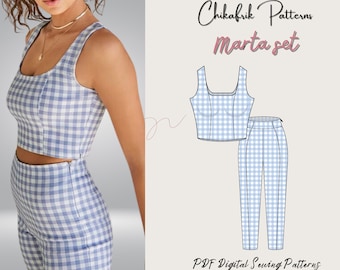 Patrón conjunto verano Marta/ patrón crop top & patrón pantalón ajustado/patrón de costura mujer 15 tallas/patrón de costura conjunto verano/Patrón de costura PDF