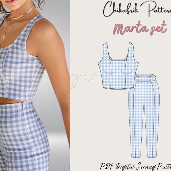 Marta summer set pattern| crop top pattern & fitted pant pattern|women sewing pattern 15 sizes|summer set sewing pattern|PDF sewing pattern