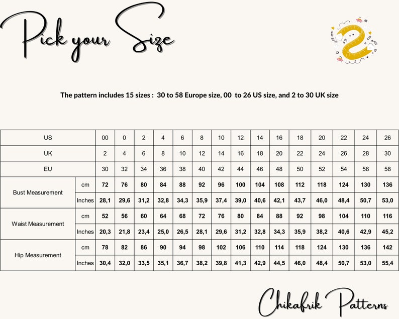 May include: A size chart for clothing patterns with measurements in inches and centimeters. The chart includes US, UK, and EU sizes, as well as bust, waist, and hip measurements.