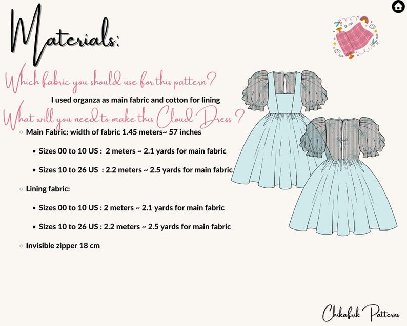 May include: A sewing pattern for a Cloud Dress with instructions for fabric and measurements in US sizes. The pattern includes a diagram of the dress with puff sleeves and a skirt.