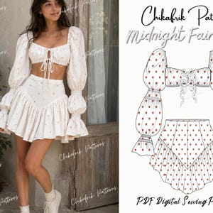 Peut inclure: Un ensemble deux pièces crème, composé d'un crop top et d'une jupe, tous deux ornés de petits motifs de cœurs rouges. Le haut a de longues manches bouffantes et une attache à nouer. La jupe présente un ourlet à volants. L'image montre également un dessin au trait de l'ensemble avec le texte "Midnight Fairy set".