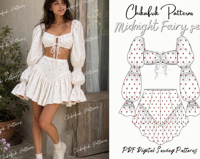 Summer romantic Set Sewing Pattern PDF,Cottagecore Top & Skirt Set, Puff Sleeve Crop Top Pattern,Romantic Mini Skirt,Coquette Outfit 15SIZES