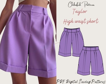 Taylor high waist short| short sewing pattern| 10 Sizes XXS to XXL |Women sewing pattern PDF sewing pattern Wide Pleated Shorts
