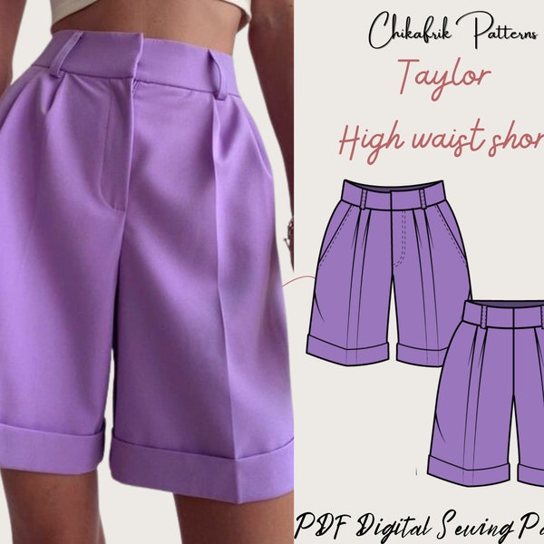 Taylor high waist short| short sewing pattern| 10 Sizes XXS to XXL |Women sewing pattern PDF sewing pattern Wide Pleated Shorts