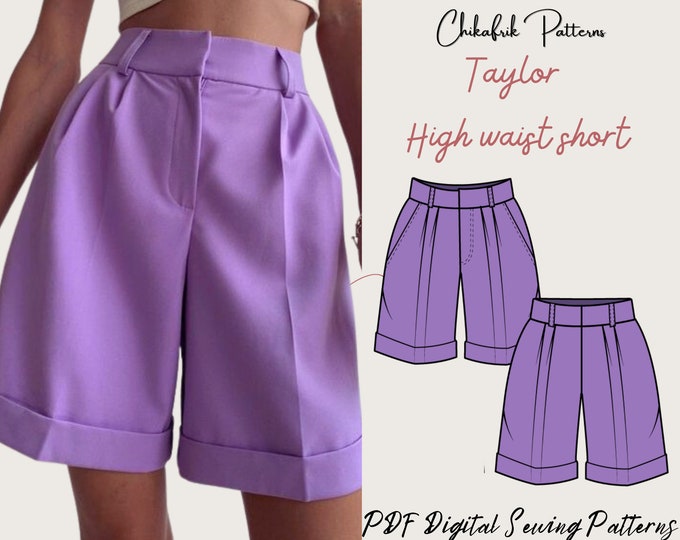 Taylor high waist short| short sewing pattern| 10 Sizes XXS to XXL |Women sewing pattern PDF sewing pattern Wide Pleated Shorts