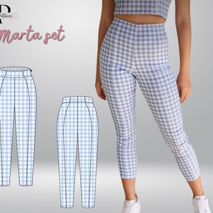 Peut inclure: Illustration de mode d'un ensemble pantalon en vichy bleu et blanc. Le pantalon est taille haute et raccourci. L'ensemble s'appelle "Marta set".