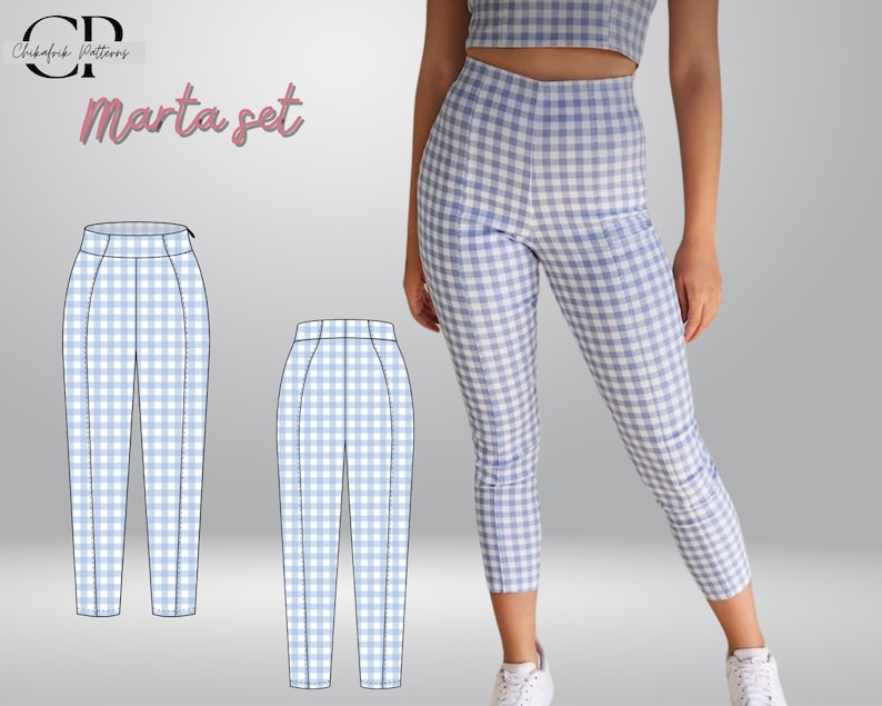 Peut inclure: Illustration de mode d'un ensemble pantalon en vichy bleu et blanc. Le pantalon est taille haute et raccourci. L'ensemble s'appelle "Marta set".