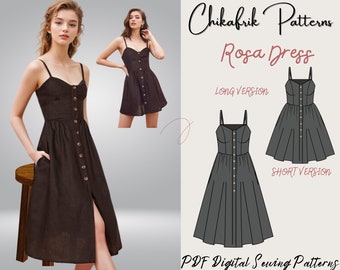 Jurkpatroon| Patroon jurk met knopen|PDF-naaipatroon|15 maten |patroon zonnejurk mini- en midi-jurk|Us letter/A4/A0/naaipatroon