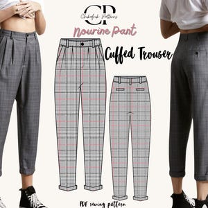 Puede incluir: Pantalones a cuadros grises con puños, cintura alta y parte delantera plisada. La imagen incluye un dibujo técnico de los pantalones y el texto "Nourine Pant Cuffed Trouser" y "PDF sewing pattern".