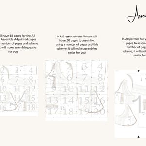 May include: A diagram illustrating pattern assembly instructions. The image shows three sections with text and numbered grids. The text explains how to assemble patterns from A4, US letter, and A0 files, with details on page counts for each format. The word "Assembling" is written in cursive.