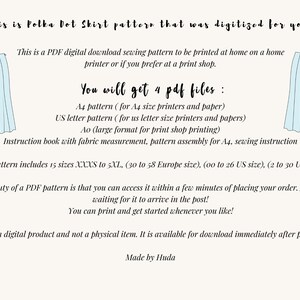 May include: Digital PDF sewing pattern for a polka dot skirt, available for download. Includes A4 and US letter patterns, plus an instruction book. Features 15 sizes from XXXS to 5XL. Print at home or a print shop.