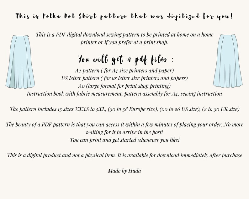 May include: Digital PDF sewing pattern for a polka dot skirt, available for download. Includes A4 and US letter patterns, plus an instruction book. Features 15 sizes from XXXS to 5XL. Print at home or a print shop.