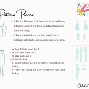 Peut inclure: Un patron de couture pour un haut et un pantalon. Les pi&egrave;ces du patron sont &eacute;tiquet&eacute;es avec des lettres et des instructions pour couper le tissu. Le patron comprend un devant de c&ocirc;t&eacute; de corsage, un devant de milieu de corsage, un dos de milieu de corsage, un dos de c&ocirc;t&eacute; de corsage, un devant de milieu de pantalon, un devant de c&ocirc;t&eacute; de pantalon, un dos de c&ocirc;t&eacute;, un dos de milieu, une parement de dos de pantalon et une parement de devant de pantalon.