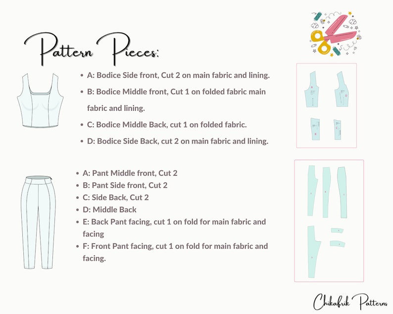 Peut inclure: Un patron de couture pour un haut et un pantalon. Les pi&egrave;ces du patron sont &eacute;tiquet&eacute;es avec des lettres et des instructions pour couper le tissu. Le patron comprend un devant de c&ocirc;t&eacute; de corsage, un devant de milieu de corsage, un dos de milieu de corsage, un dos de c&ocirc;t&eacute; de corsage, un devant de milieu de pantalon, un devant de c&ocirc;t&eacute; de pantalon, un dos de c&ocirc;t&eacute;, un dos de milieu, une parement de dos de pantalon et une parement de devant de pantalon.