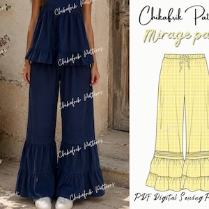 Peut inclure: Pantalon palazzo bleu marine avec volants superposés et haut assorti. L'image montre également un modèle de pantalon à carreaux jaunes avec le texte "Chikafrik Patterns Mirage pant PDF Digital Sewing Patterns".