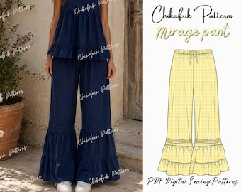 Mirage Hose Schnittmuster PDF, Hose mit weitem Bein, Rüschen Muster, Boho Lounge Hose, fließendes Leinen Hose Schnittmuster, trendige Frauen Hose