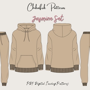 Op de afbeelding: Een digitaal naai-patroon voor een beige hoodie- en joggingbroekset. Het patroon heet "Jasmine Set" en is beschikbaar als PDF-download. De tekst "Chikafrik Patterns" is ook in de afbeelding opgenomen.