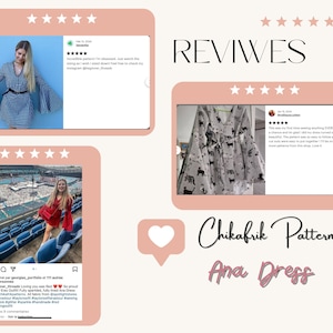 May include: A collage of images showcasing reviews for a dress pattern called "Ana Dress" by Chikafrik Patterns. The images include a woman wearing a black and white gingham dress, a woman wearing a red dress, and a close-up of the dress pattern itself. The reviews are positive and highlight the ease of sewing the pattern.