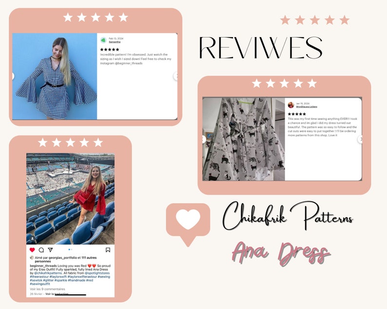 May include: A collage of images showcasing reviews for a dress pattern called "Ana Dress" by Chikafrik Patterns. The images include a woman wearing a black and white gingham dress, a woman wearing a red dress, and a close-up of the dress pattern itself. The reviews are positive and highlight the ease of sewing the pattern.