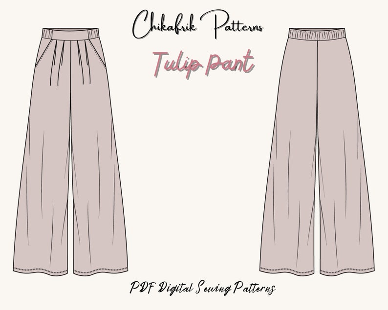 Patron de couture de pantalon tulipePatron de pantalon jambe largePatron de couture de pantalon femmePatron de pantalon à plisPatron de couture PDFPatron de pantalon chic15 tailles image 1