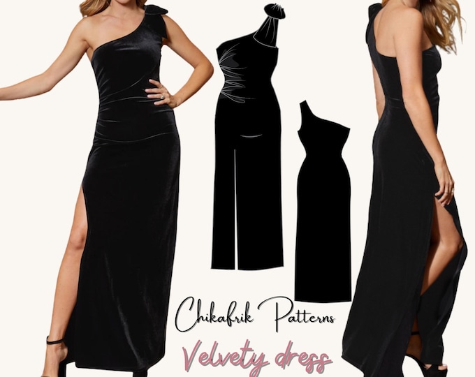 Velvet One-Shoulder Maxi Dress Sewing Pattern: Stretchy Fabric, 15 Sizes (PDF Pattern)