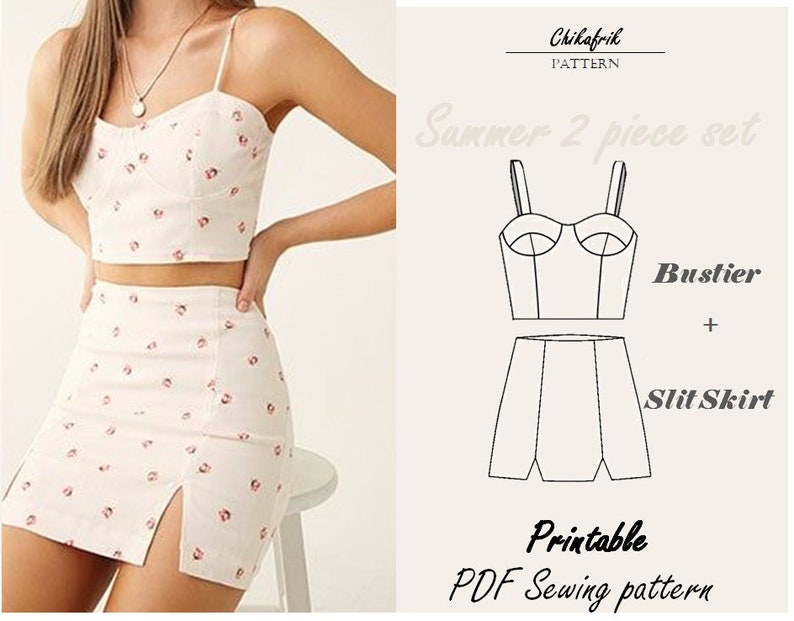 Bustier pattern + slit skirt pattern|7 sizes XXS - XXL| 2 digital sewing patterns|Women PDF sewing pattern 