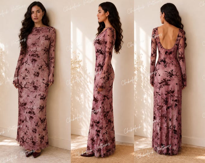 Fitted Maxi Dress Sewing Pattern PDF,Long Sleeve Formal Dress Pattern,Mesh Evening Gown pattern, Women dress pattern,bodycon dress pattern