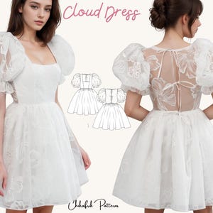 May include: A white dress with a sheer overlay and large puffy sleeves. The dress has a square neckline and a fitted bodice. The back of the dress is also sheer and features a floral design. The dress is called "Cloud Dress" and is a pattern from "Chikafuk Pattern".