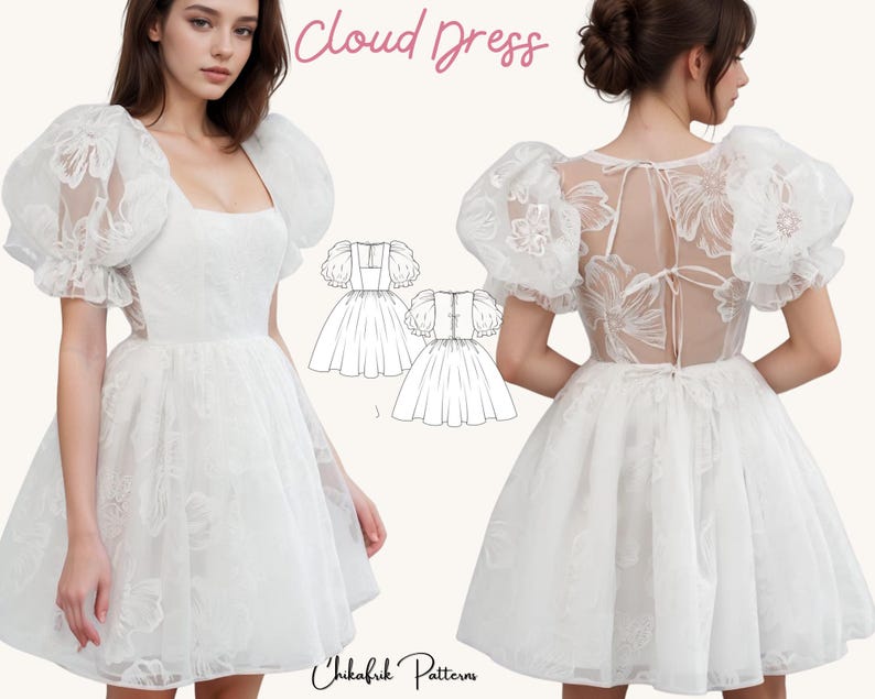 May include: A white dress with a sheer overlay and large puffy sleeves. The dress has a square neckline and a fitted bodice. The back of the dress is also sheer and features a floral design. The dress is called "Cloud Dress" and is a pattern from "Chikafuk Pattern".