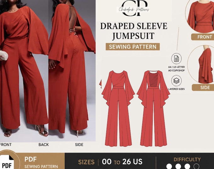 Draped Sleeve Jumpsuit Sewing Pattern, Open Back Wide Leg Flowy Cape (PDF Download)