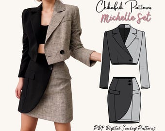 Michelle Set Sewing Pattern: Women's Crop Blazer & Wrap Skirt (PDF Pattern)