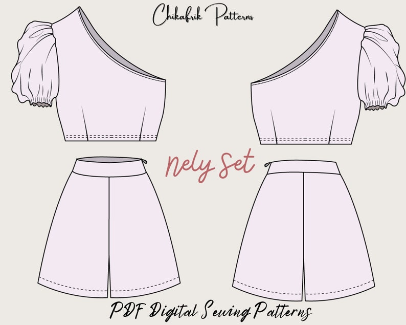 Betty Set/ patrón de cintura alta y top de un hombro/patrón de conjunto de paquete/patrón de costura pdf/patrón de costura de mujer 10 tallas XXS a XXL imagen 6